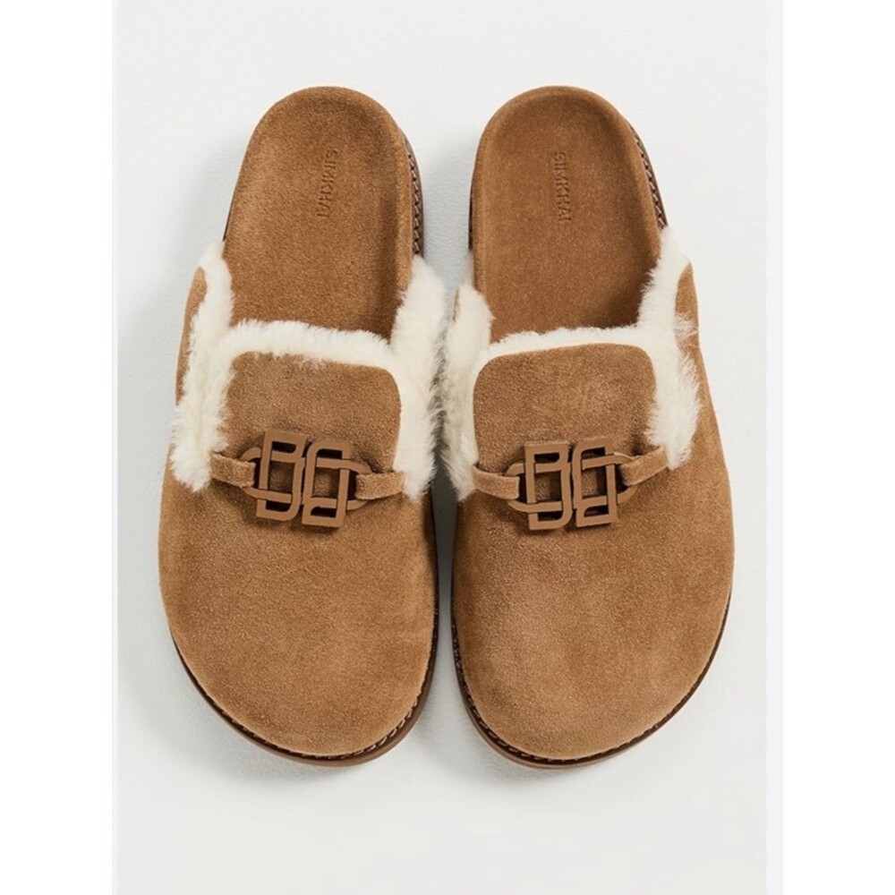 SIMKHAI Mila Suede Shearling-Lined Mule Slippers Chestnut NWOB size 37